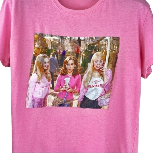 MEAN GIRLS Tops - MEAN GIRLS Women's Pink Semi Cropped Crew Neck T-shirt w Movie Scene Graphic L